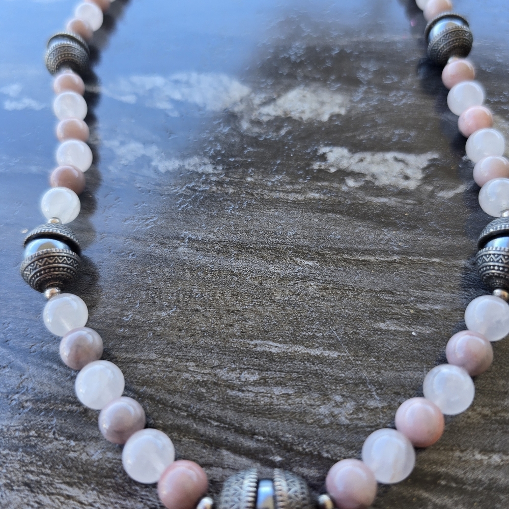 Elegant Pink Marble, Quart & Silver Pearl Capped Beaded Necklace Strung 22" L.